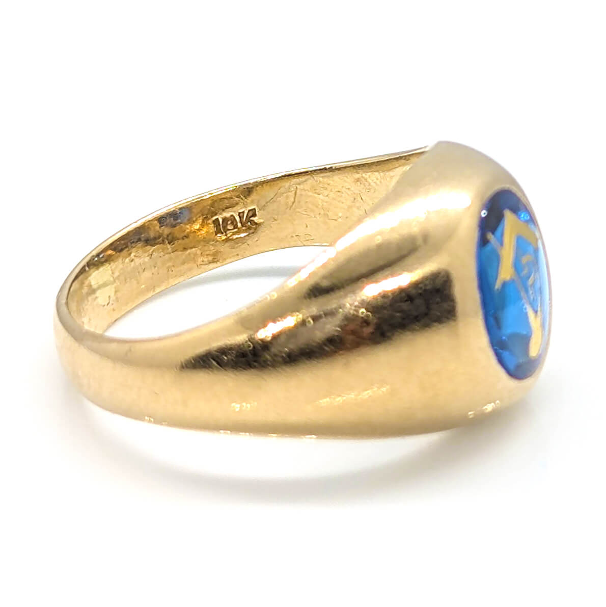 10k Yellow Gold Masonic Signet Ring with Synthetic Sapphire