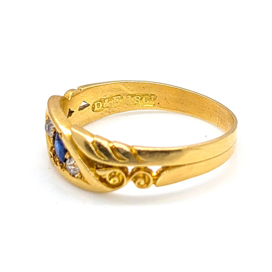 18ct Yellow Gold Sapphire and Diamond Scroll Ring