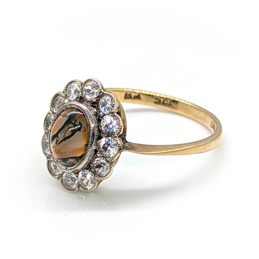 9ct Yellow Gold Cluster Ring with Moss Agate and White Topaz