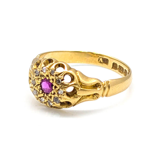 18ct Yellow Gold Daisy Cluster with Ruby and Diamonds