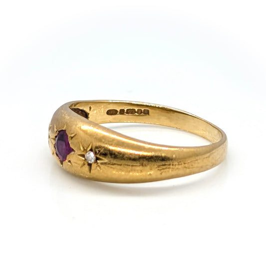 9ct Yellow Gold Star Set Trilogy Ring with Ruby and Diamonds