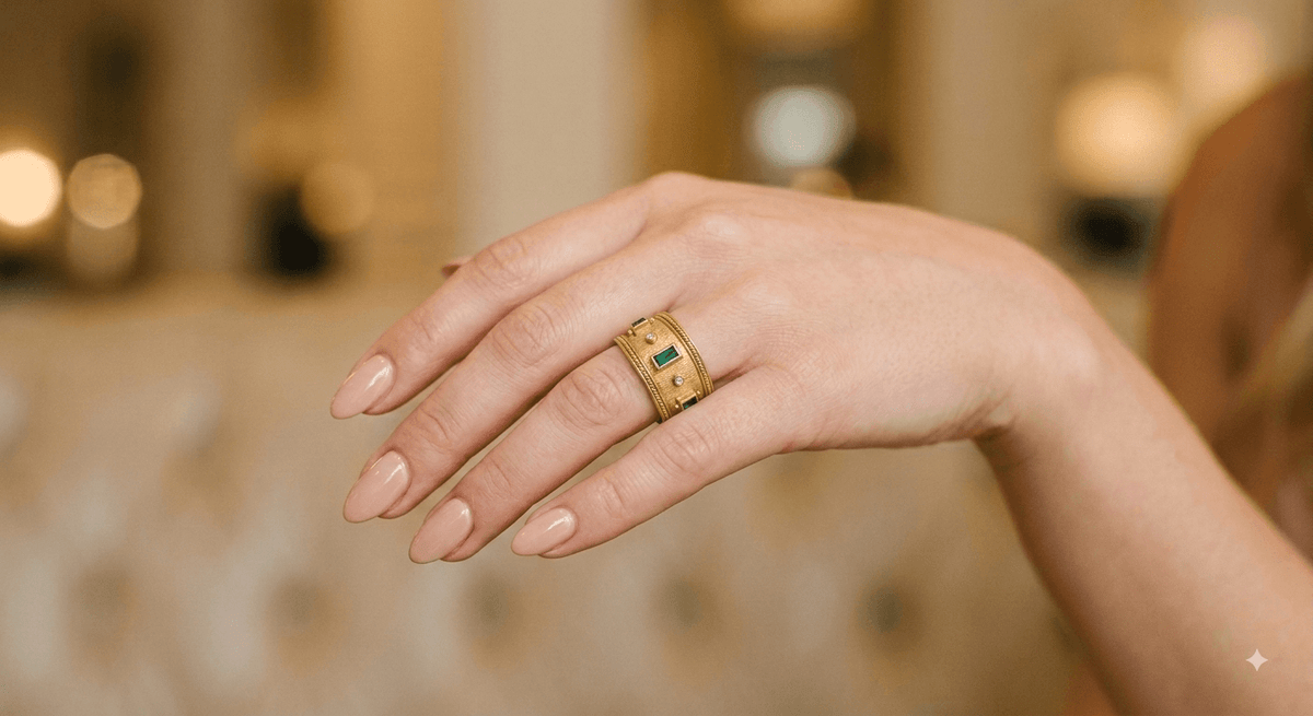 18ct Yellow Gold Emerald and Diamond Etruscan-Style Ring