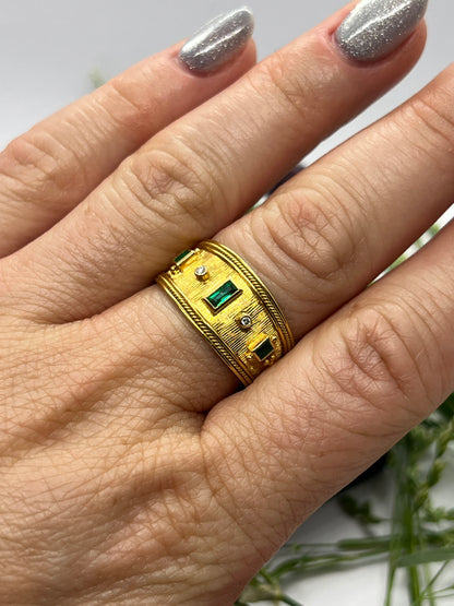 18ct Yellow Gold Emerald and Diamond Etruscan-Style Ring