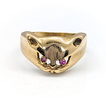 9ct Yellow Gold Ruby-Eyed Cat Face Ring