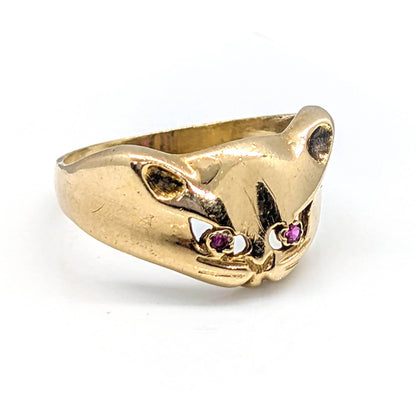 9ct Yellow Gold Ruby-Eyed Cat Face Ring