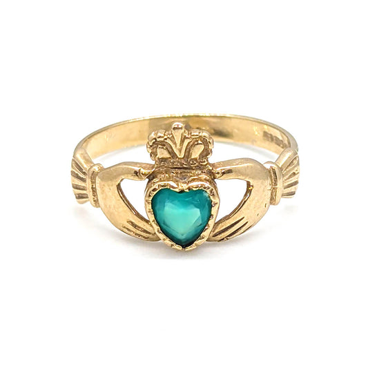 9ct Yellow Gold Claddagh Ring with Chrysoprase Heart
