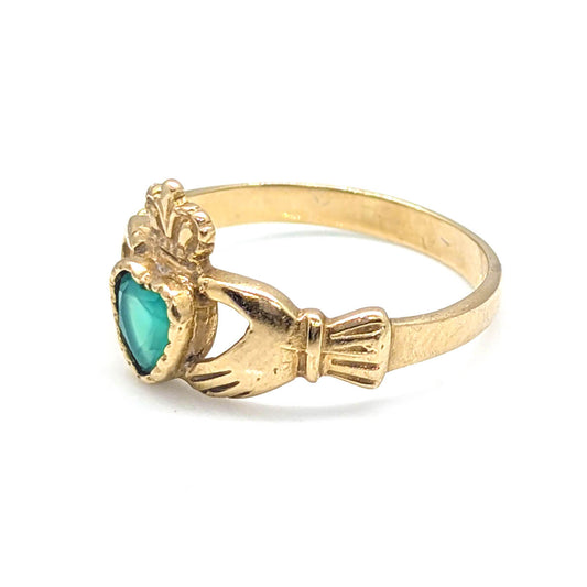 9ct Yellow Gold Claddagh Ring with Chrysoprase Heart