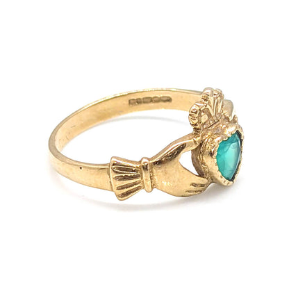 9ct Yellow Gold Claddagh Ring with Chrysoprase Heart