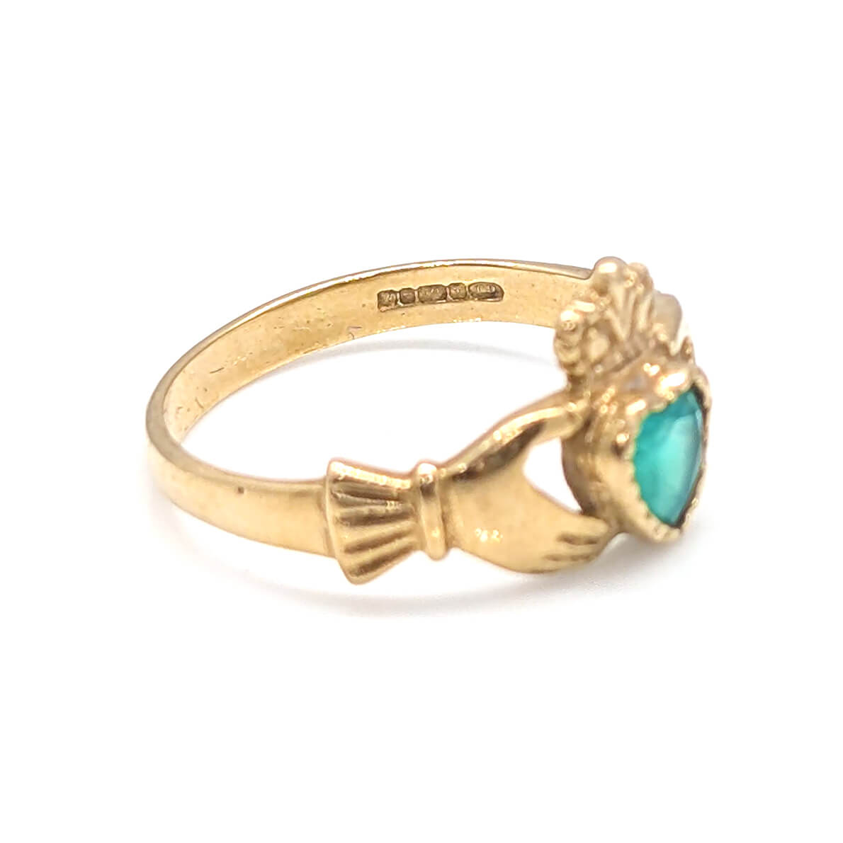 9ct Yellow Gold Claddagh Ring with Chrysoprase Heart