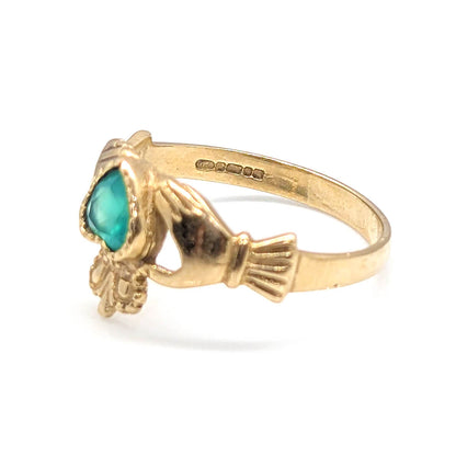 9ct Yellow Gold Claddagh Ring with Chrysoprase Heart