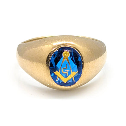 10k Yellow Gold Masonic Signet Ring with Synthetic Sapphire