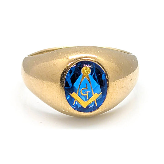 10k Yellow Gold Masonic Signet Ring with Synthetic Sapphire