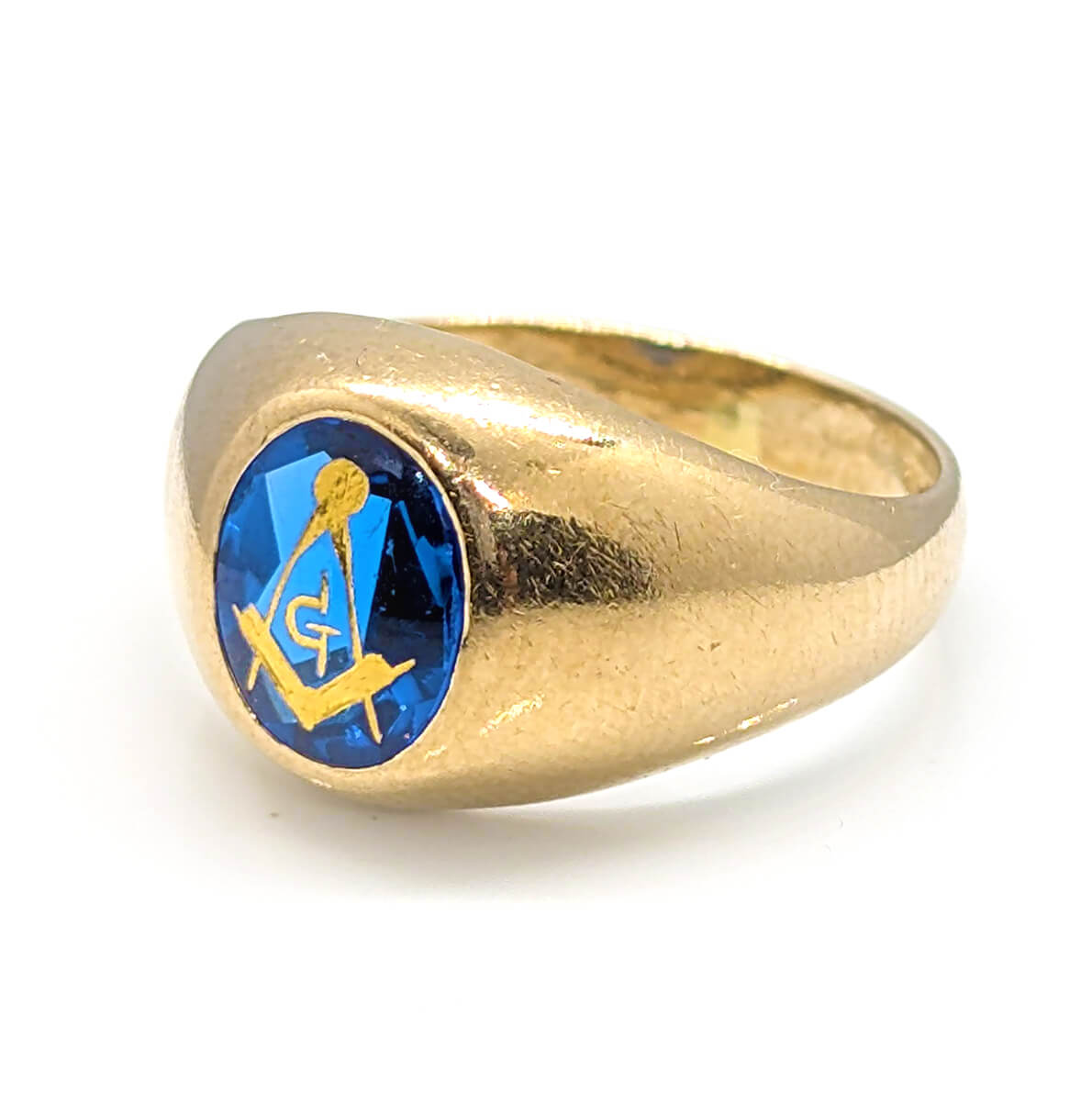 10k Yellow Gold Masonic Signet Ring with Synthetic Sapphire