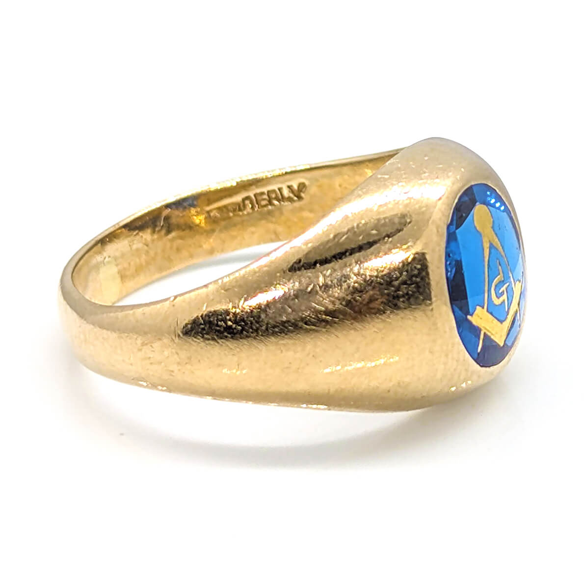 10k Yellow Gold Masonic Signet Ring with Synthetic Sapphire