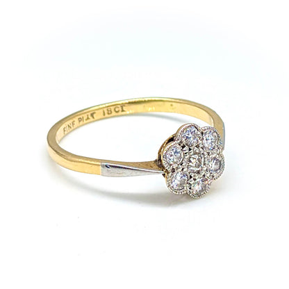 18ct Yellow Gold and Platinum Daisy Flower Ring with Diamonds
