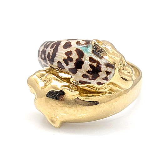 9ct Yellow Gold Double Headed Enamelled Leopard/Jaguar Ring by Milor Italy