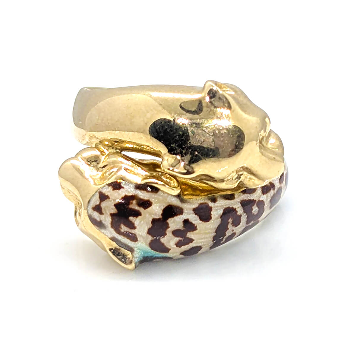 9ct Yellow Gold Double Headed Enamelled Leopard/Jaguar Ring by Milor Italy