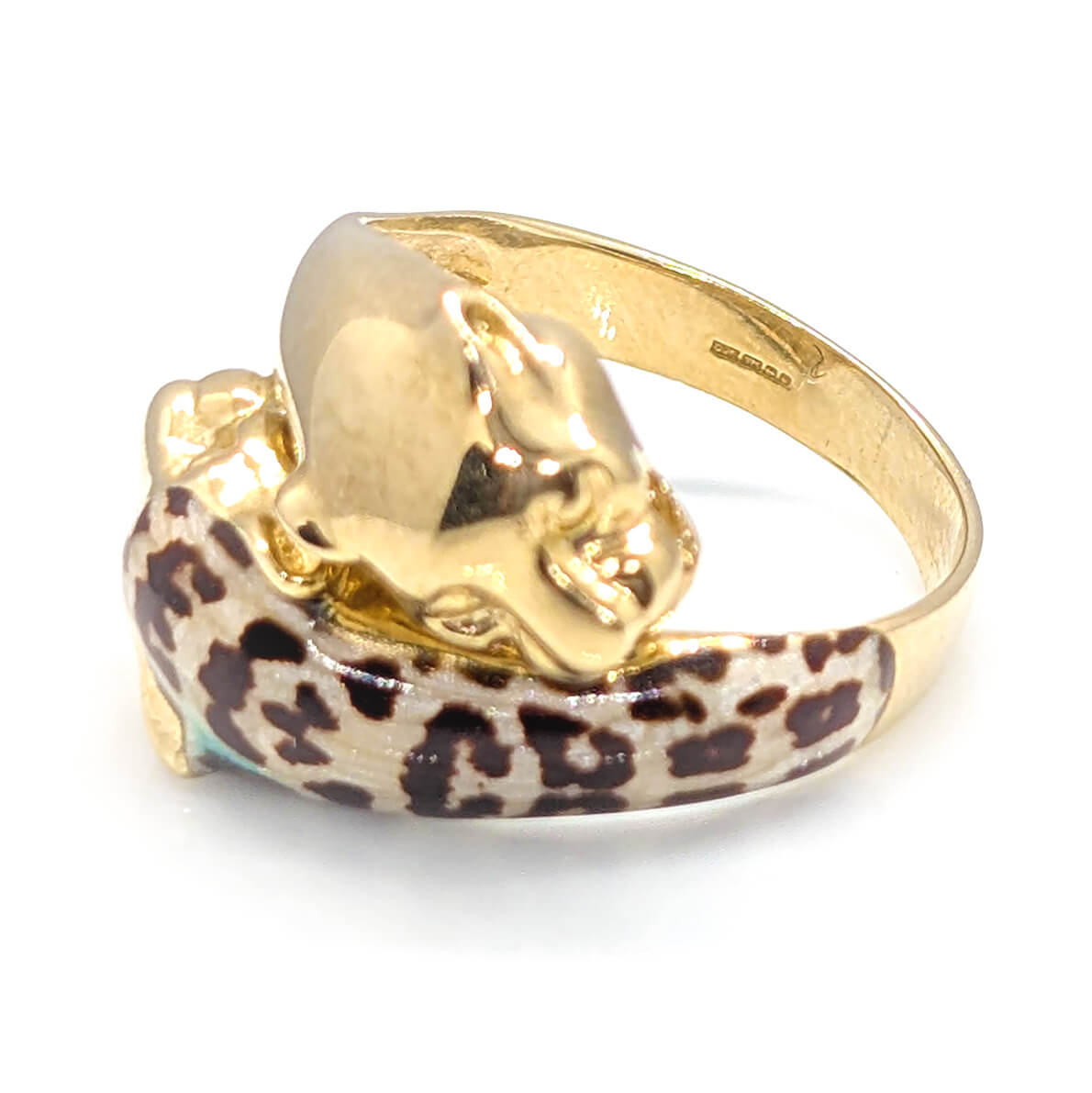 9ct Yellow Gold Double Headed Enamelled Leopard/Jaguar Ring by Milor Italy