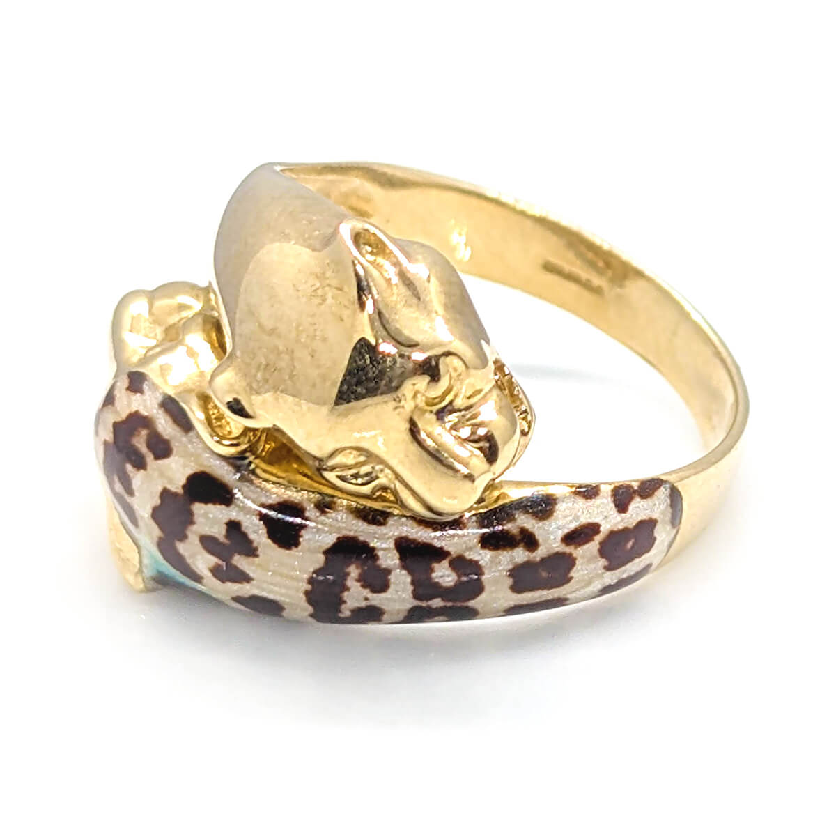 9ct Yellow Gold Double Headed Enamelled Leopard/Jaguar Ring by Milor Italy