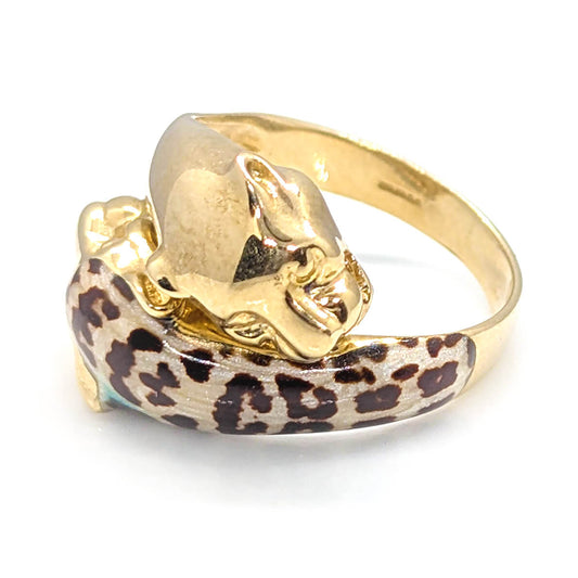 9ct Yellow Gold Double Headed Enamelled Leopard/Jaguar Ring by Milor Italy
