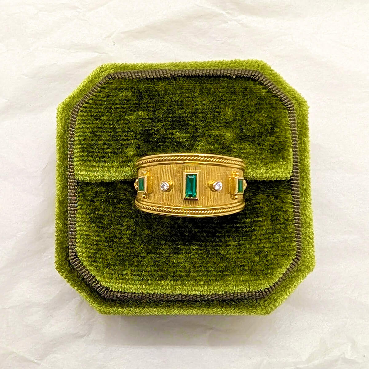 18ct Yellow Gold Emerald and Diamond Etruscan-Style Ring