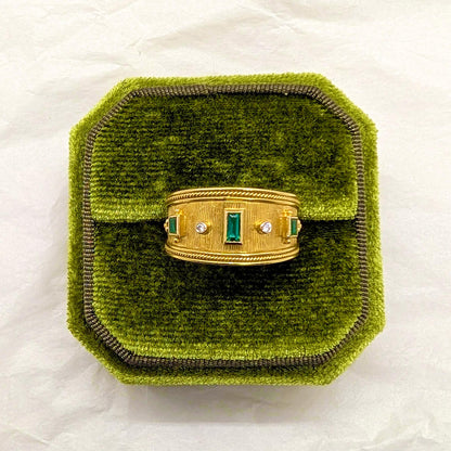 18ct Yellow Gold Emerald and Diamond Etruscan-Style Ring