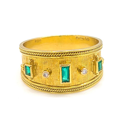 18ct Yellow Gold Emerald and Diamond Etruscan-Style Ring