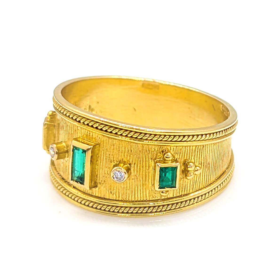 18ct Yellow Gold Emerald and Diamond Etruscan-Style Ring
