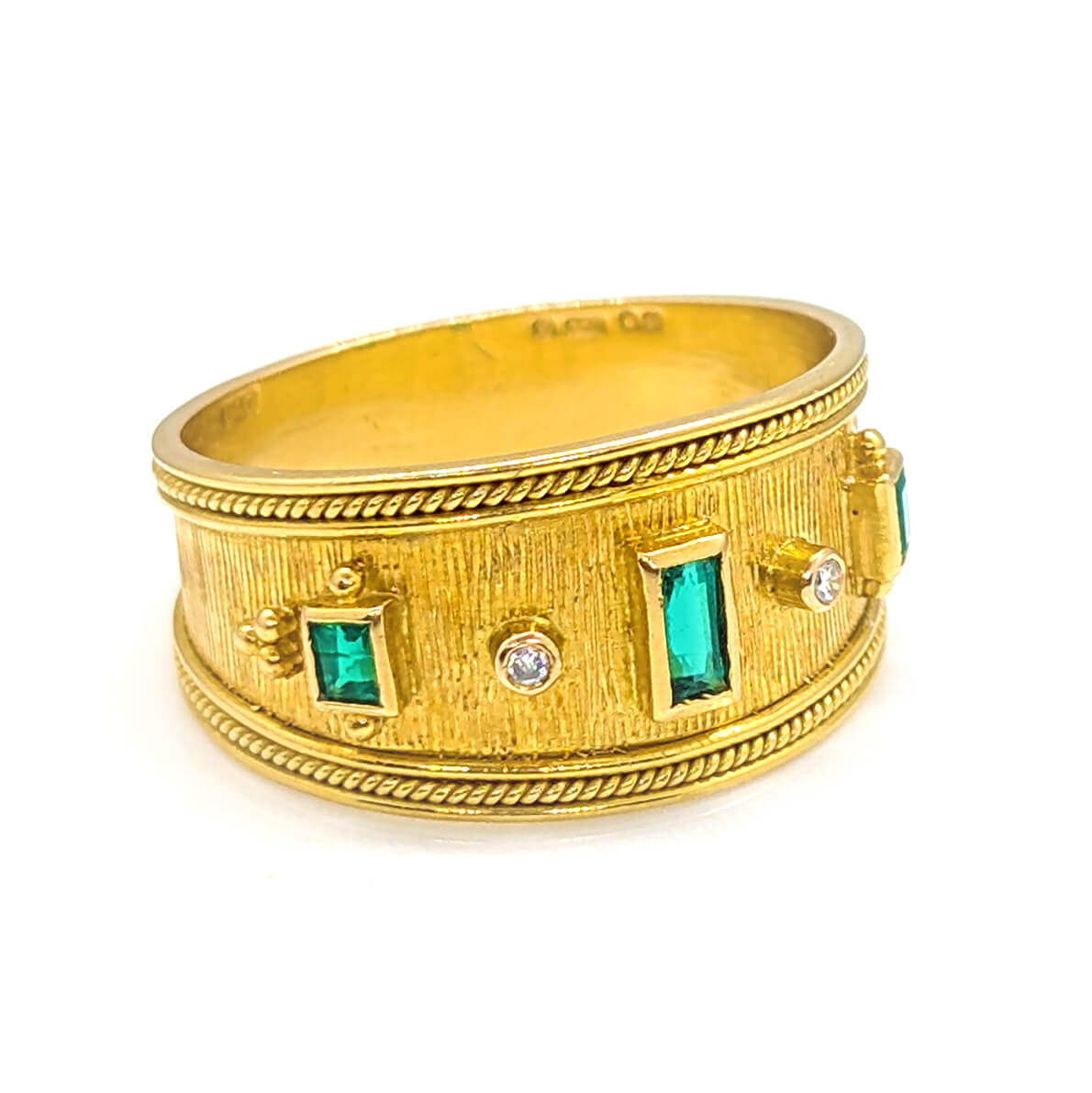 18ct Yellow Gold Emerald and Diamond Etruscan-Style Ring