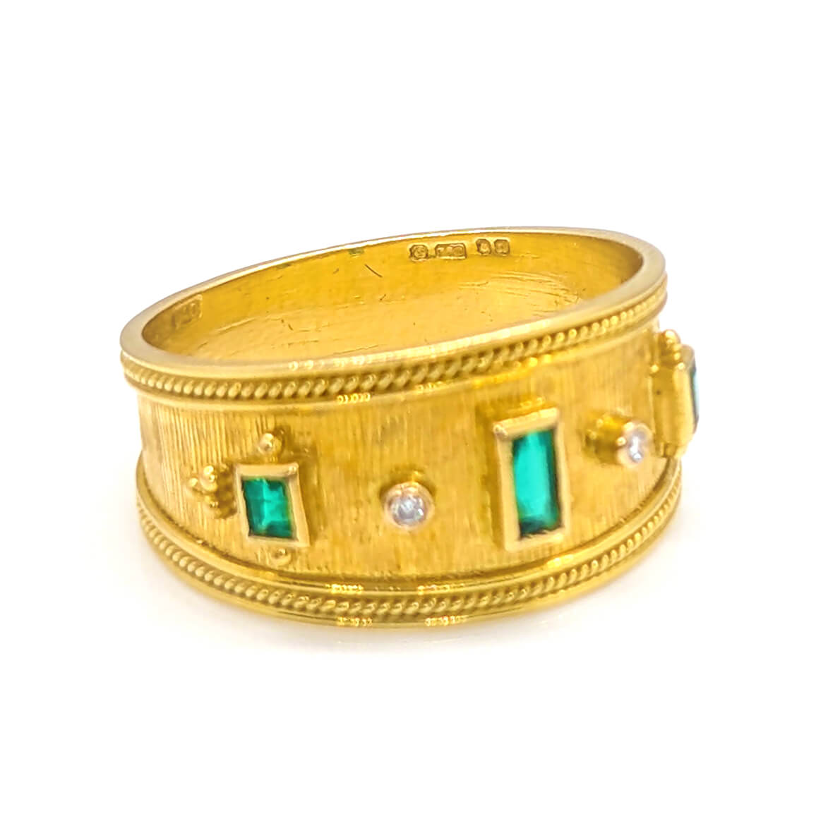 18ct Yellow Gold Emerald and Diamond Etruscan-Style Ring