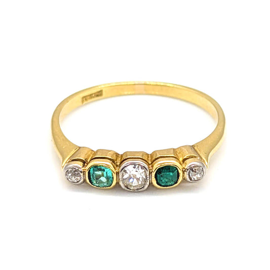18ct Yellow Gold Collet Set Stacking Ring with Emeralds and Diamonds