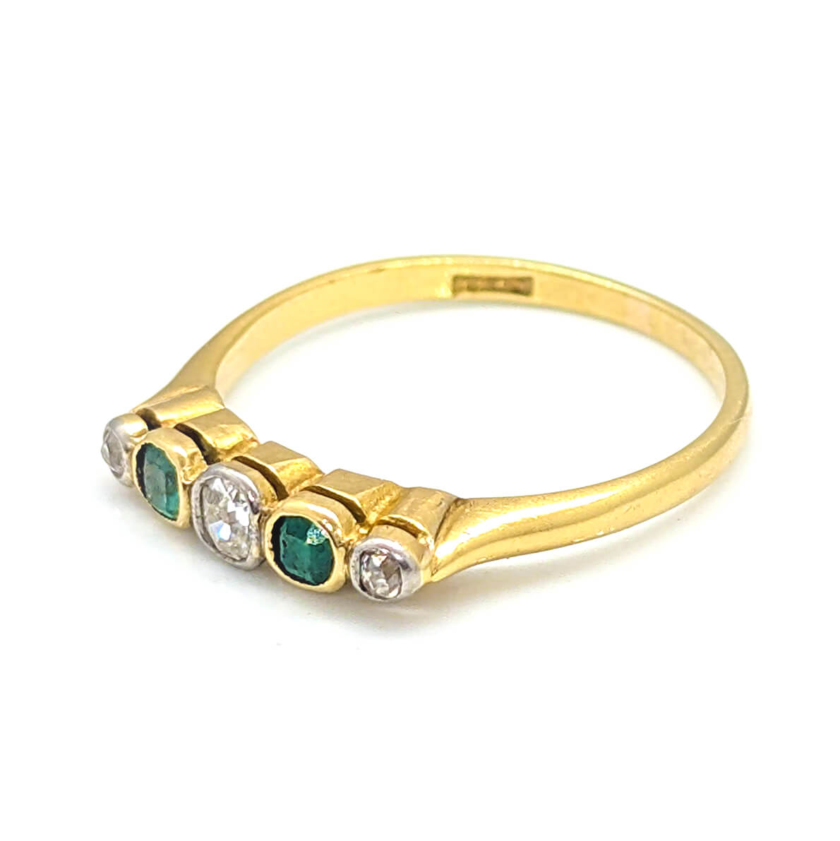 18ct Yellow Gold Collet Set Stacking Ring with Emeralds and Diamonds