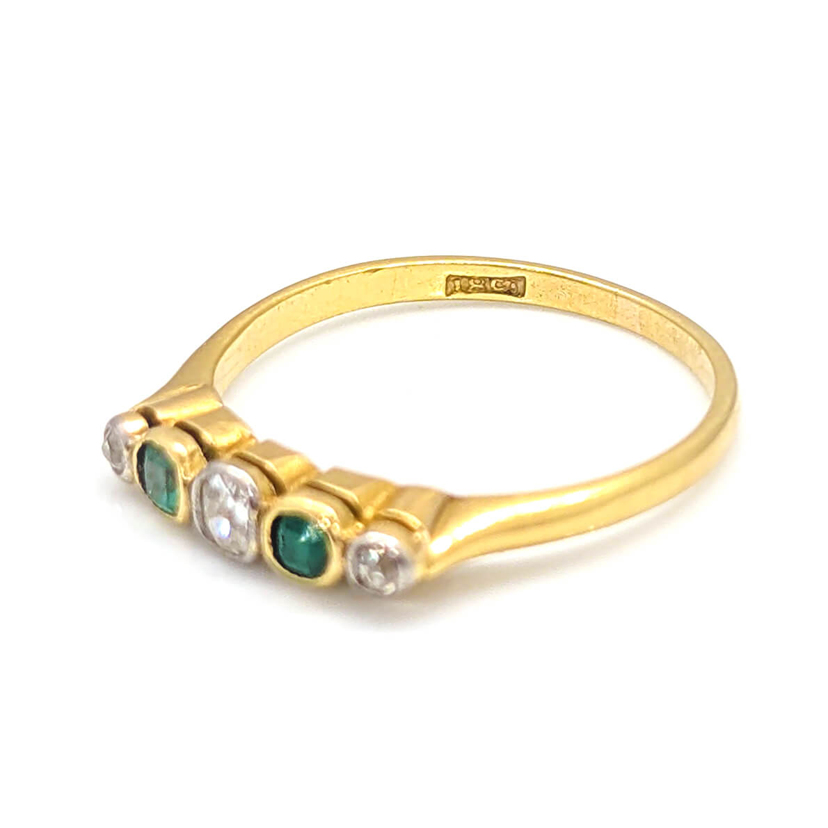 18ct Yellow Gold Collet Set Stacking Ring with Emeralds and Diamonds