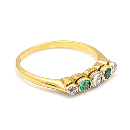 18ct Yellow Gold Collet Set Stacking Ring with Emeralds and Diamonds