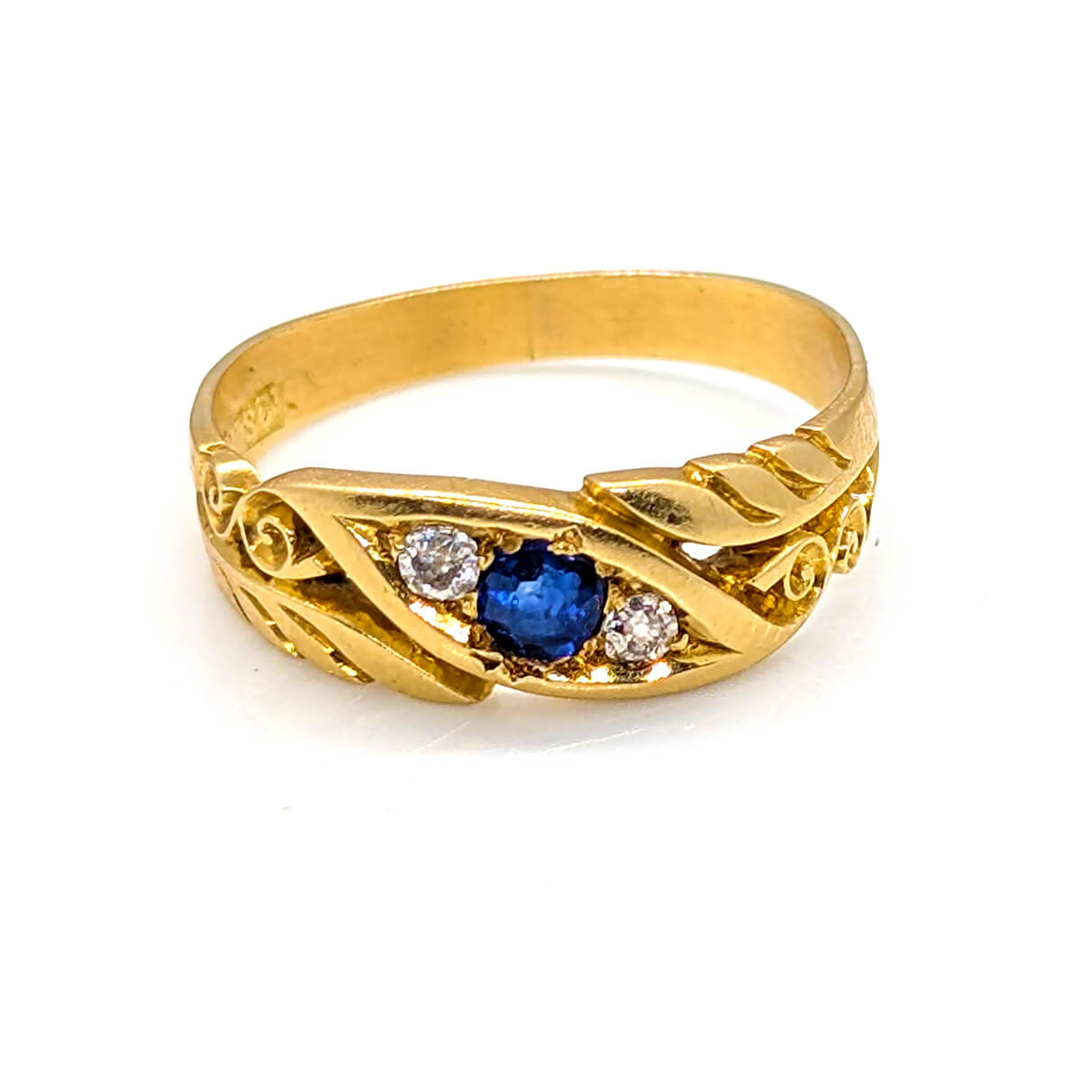 18ct Yellow Gold Sapphire and Diamond Scroll Ring