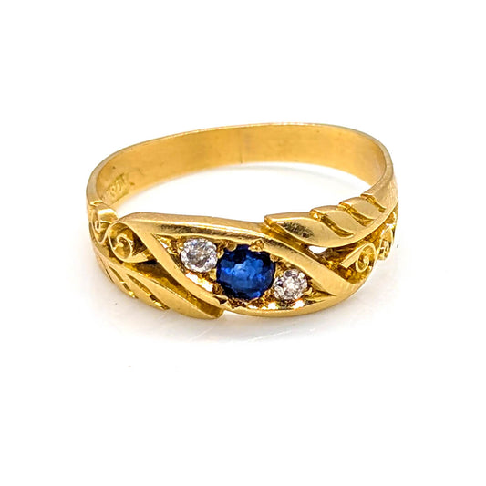 18ct Yellow Gold Sapphire and Diamond Scroll Ring