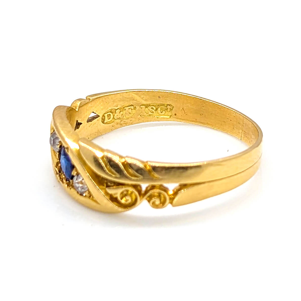 18ct Yellow Gold Sapphire and Diamond Scroll Ring