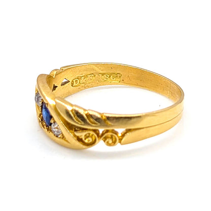 18ct Yellow Gold Sapphire and Diamond Scroll Ring