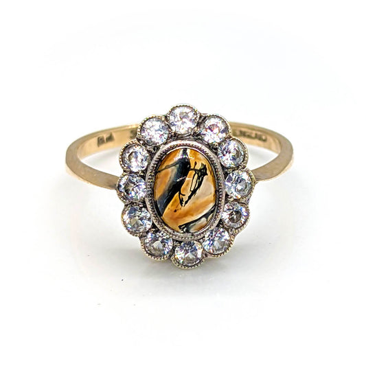 9ct Yellow Gold Cluster Ring with Moss Agate and White Topaz