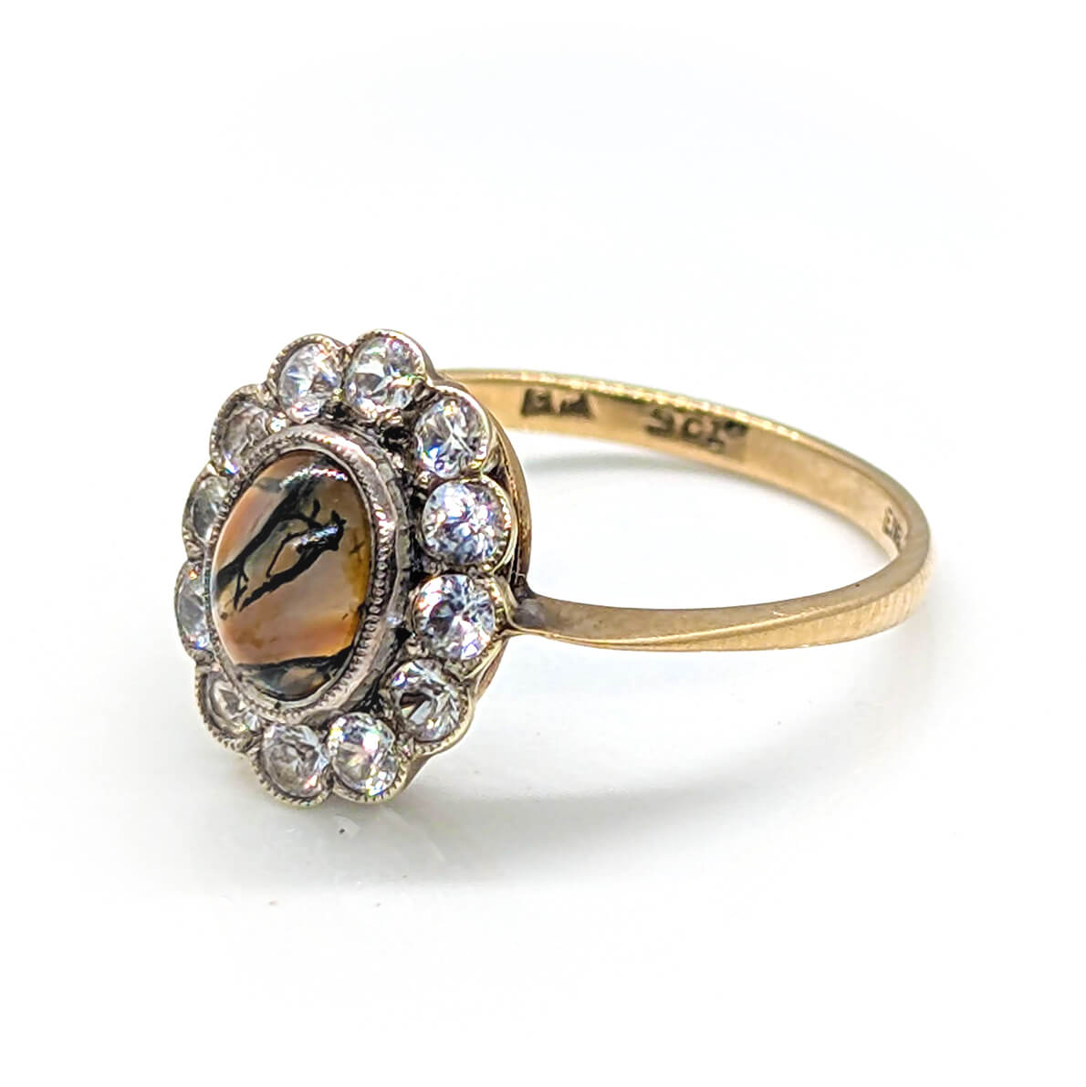9ct Yellow Gold Cluster Ring with Moss Agate and White Topaz
