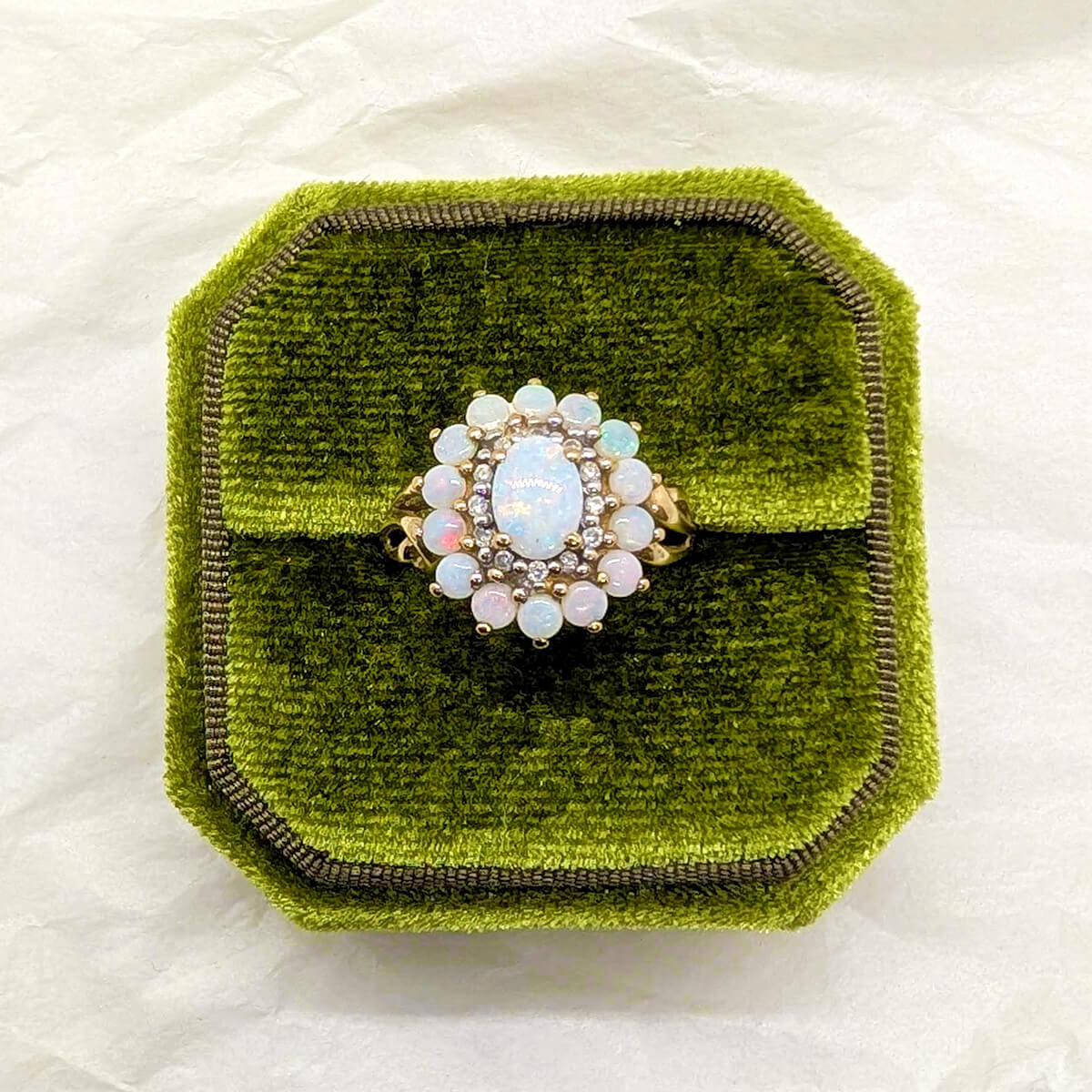 9ct Yellow Gold Halo Cluster Ring with Opals and Diamonds