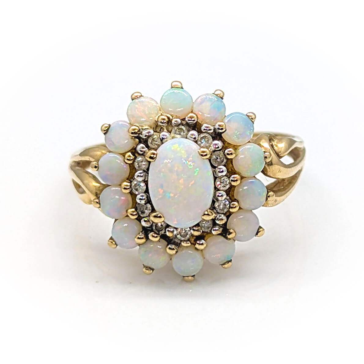 9ct Yellow Gold Halo Cluster Ring with Opals and Diamonds