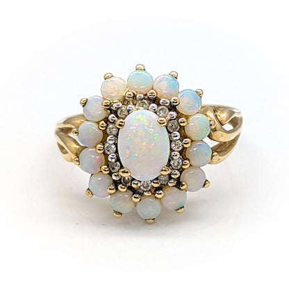 9ct Yellow Gold Halo Cluster Ring with Opals and Diamonds