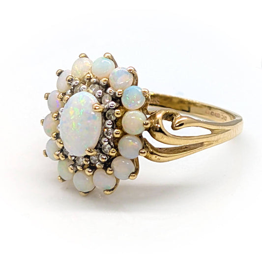 9ct Yellow Gold Halo Cluster Ring with Opals and Diamonds