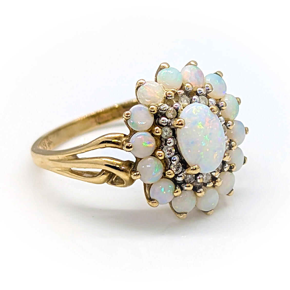 9ct Yellow Gold Halo Cluster Ring with Opals and Diamonds