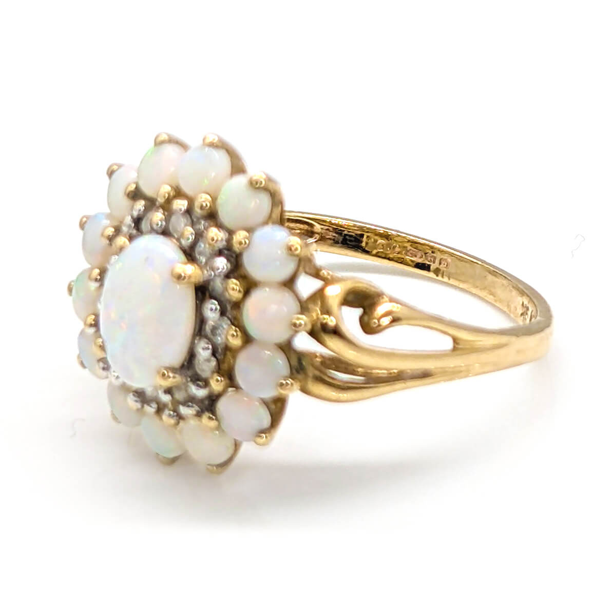 9ct Yellow Gold Halo Cluster Ring with Opals and Diamonds