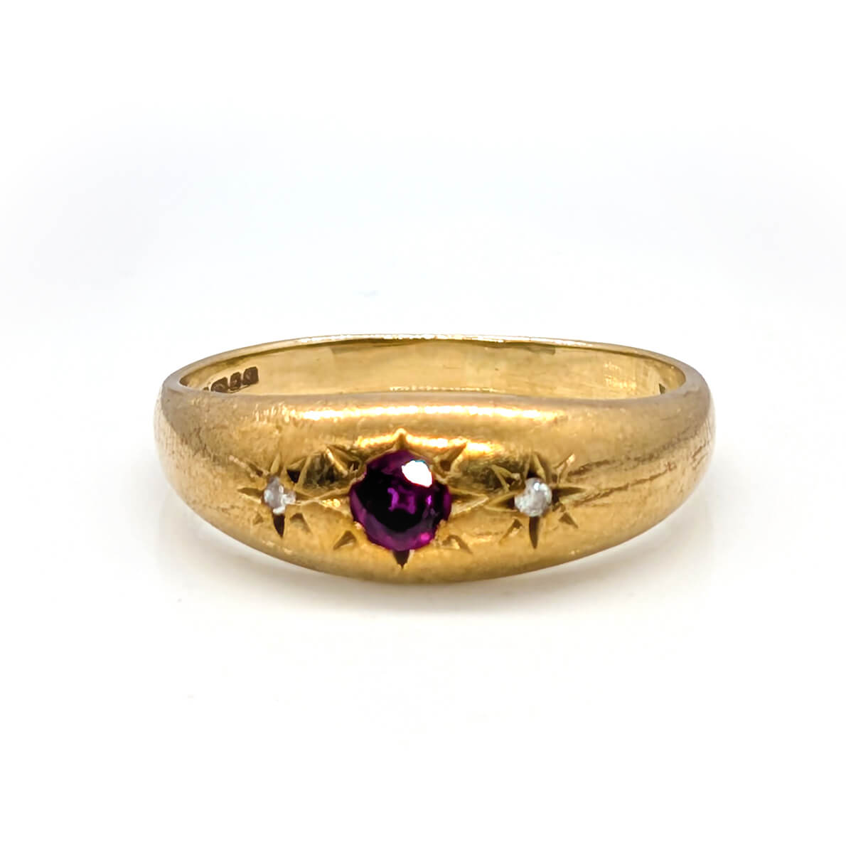 9ct Yellow Gold Star Set Trilogy Ring with Ruby and Diamonds