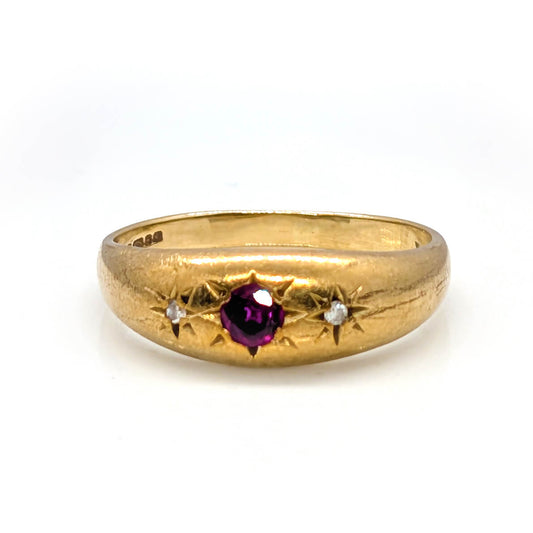 9ct Yellow Gold Star Set Trilogy Ring with Ruby and Diamonds
