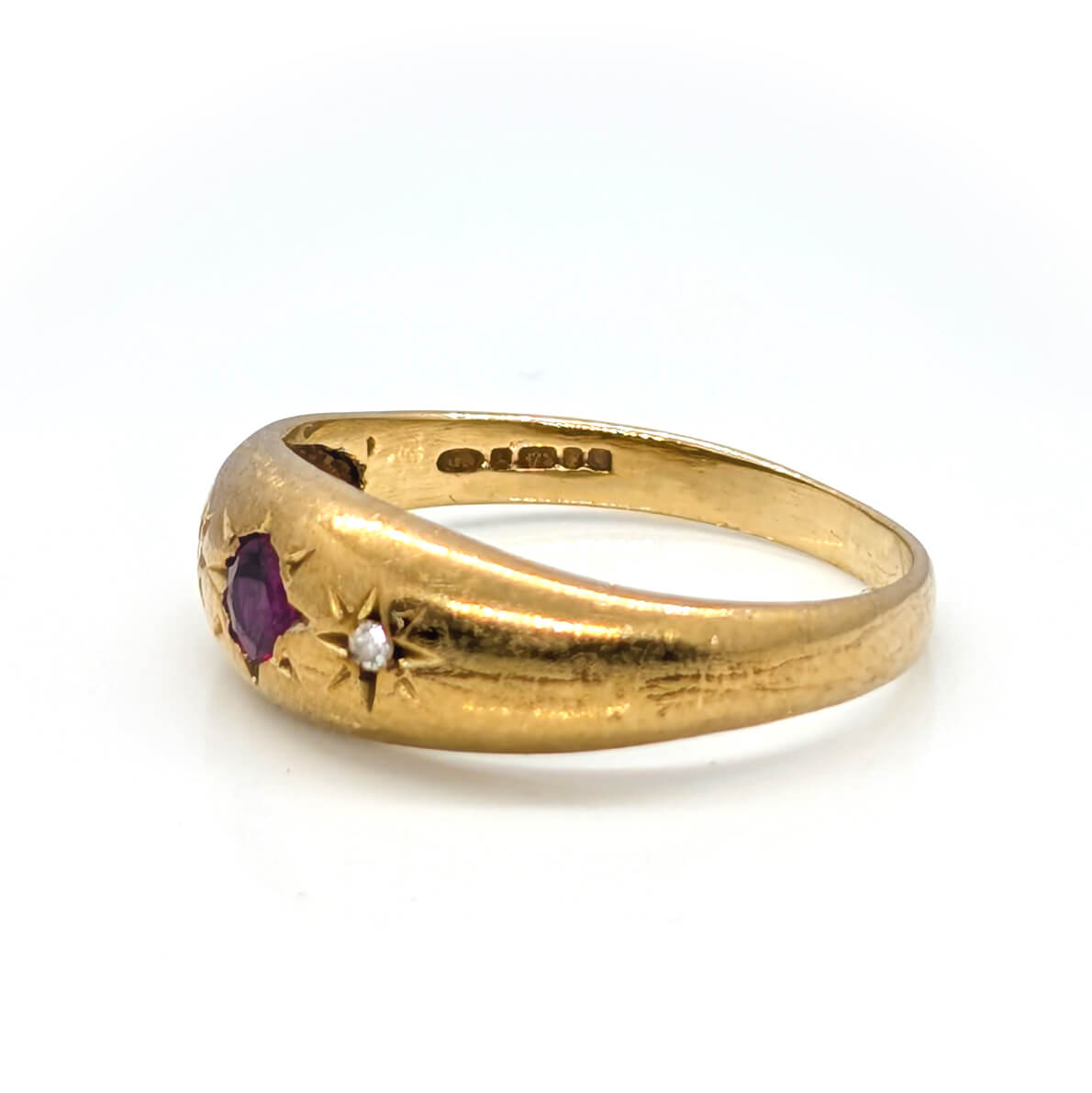 9ct Yellow Gold Star Set Trilogy Ring with Ruby and Diamonds