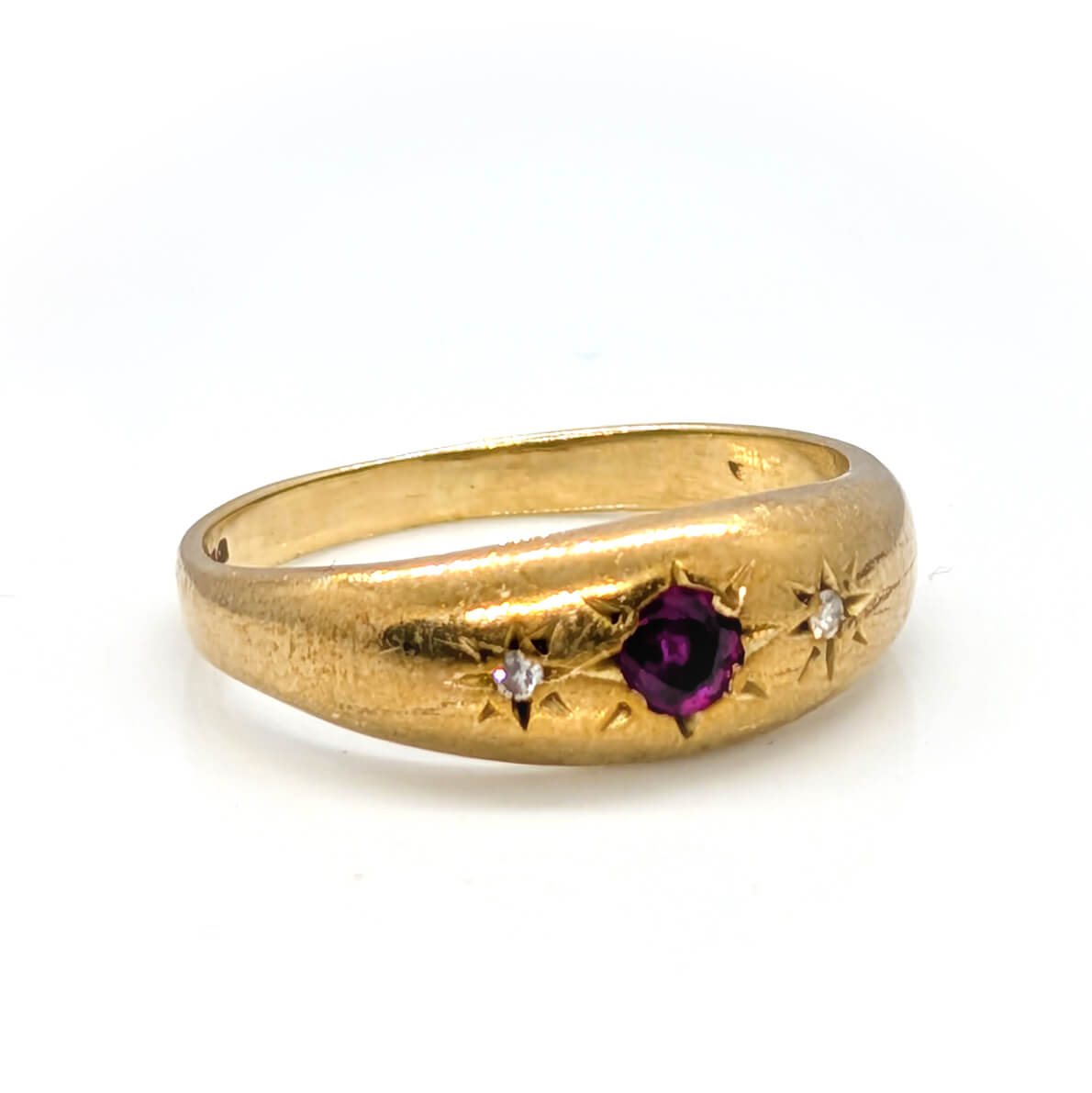 9ct Yellow Gold Star Set Trilogy Ring with Ruby and Diamonds